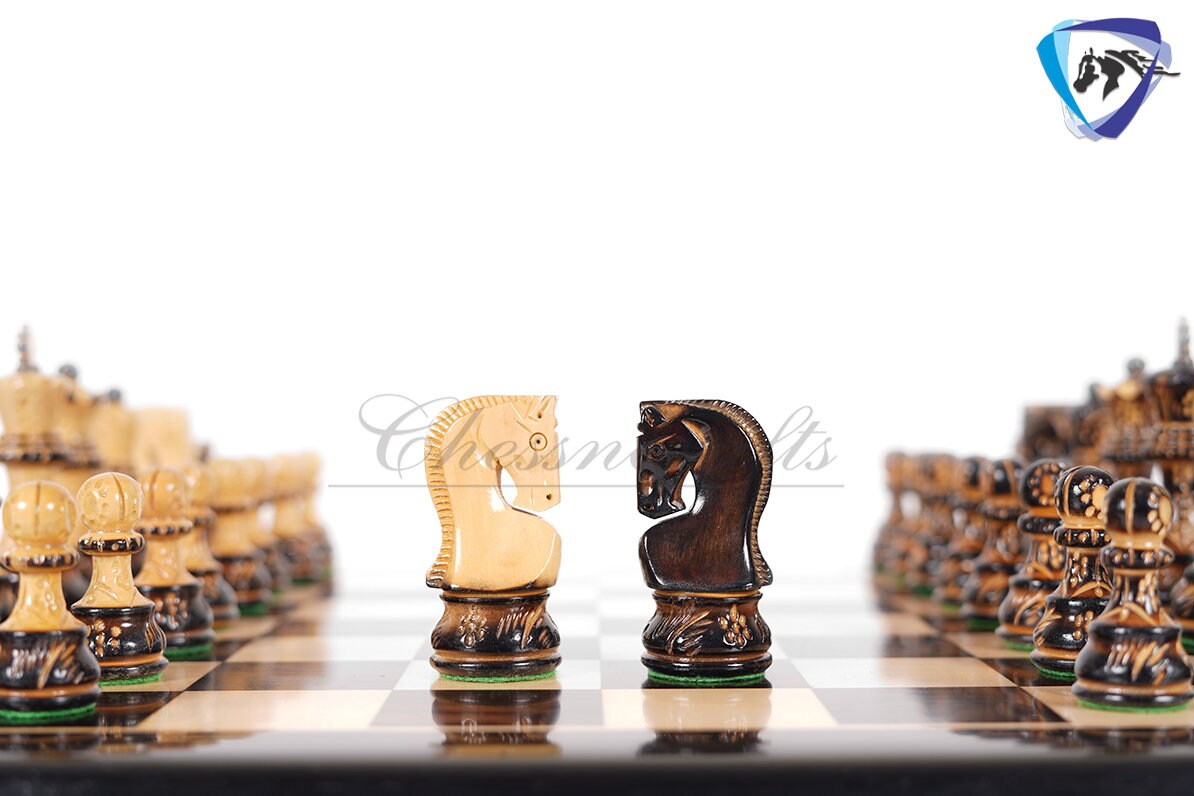 4" Russian Zagreb Chess Pieces set Burnt with Hand Carving broad base, Weighted - 2 extra Queens+19"Ebonywood chess board + Storage Box.