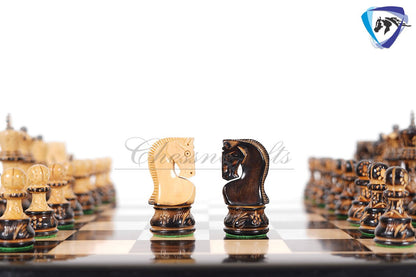 4" Russian Zagreb Chess Pieces set Burnt with Hand Carving broad base, Weighted - 2 extra Queens+19"Ebonywood chess board + Storage Box.