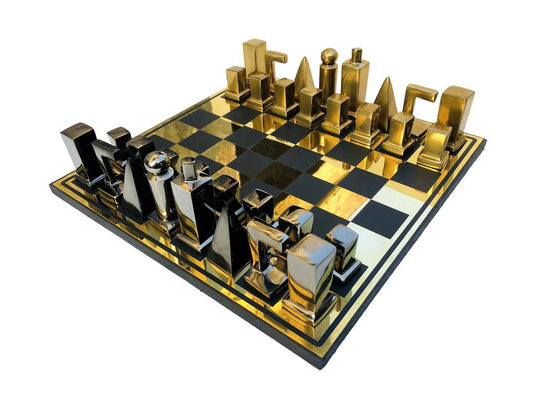 14" Metal chess Board Set- BAUHAUS INSPIRED Unique design-Black & Silver/Gold Metal Chess pieces-Chess gift- Luxury Metal chess Set