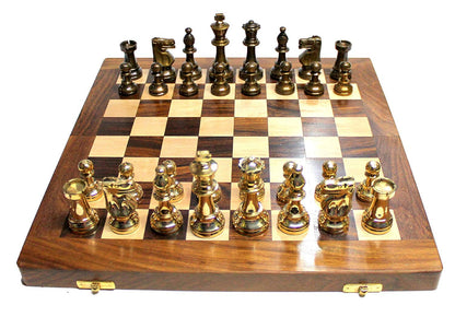 3.25" Brass Chess pieces set-Staunton Chess pieces-FRENCH LARDY in Gold & Antique polish  with Wooden storage box - Extra Queens ( 4Q)