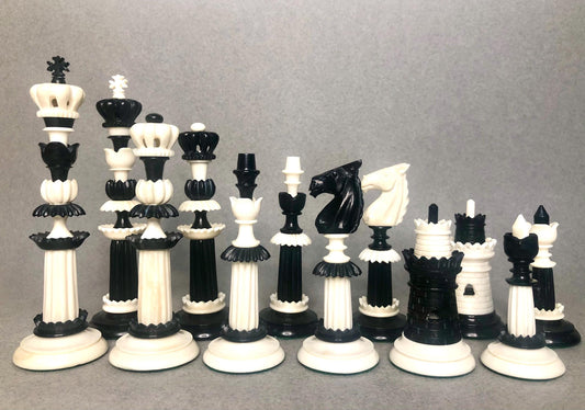 6" Camel bone chess pieces set Black & White Hand carved unique collector chess set- Intricate design with minute detailing.