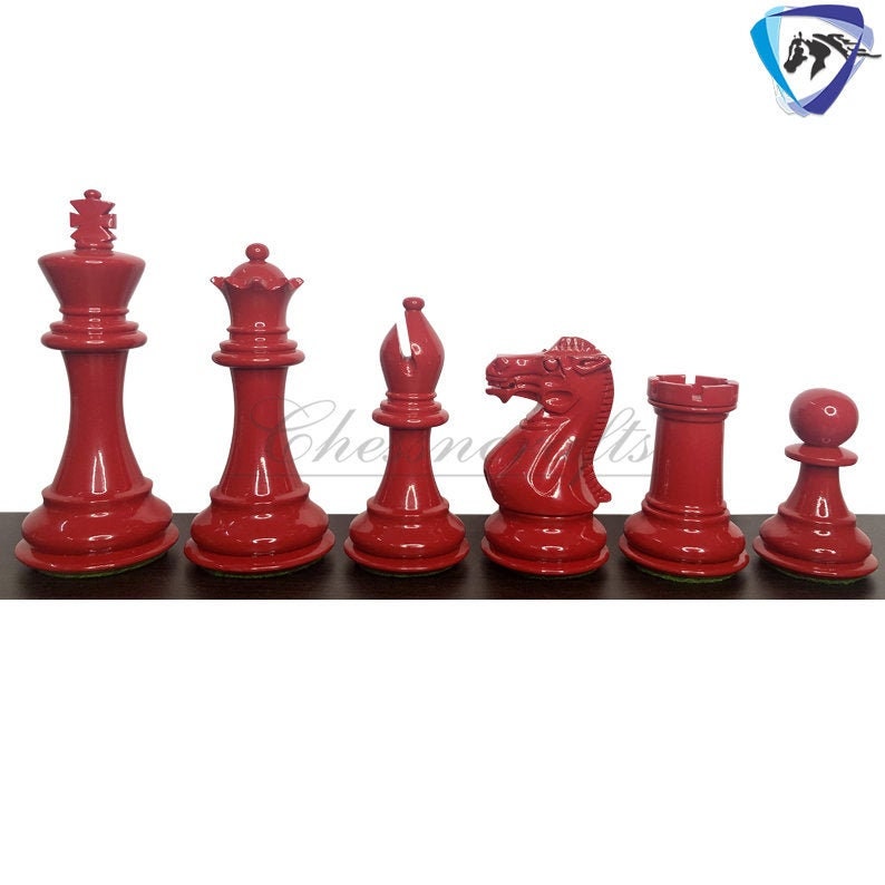 Club Staunton Chess pieces Set Boxwood Painted Red & White - King 3.75"  Weighted 2 Extra Queens- Lacquered glossy polish.