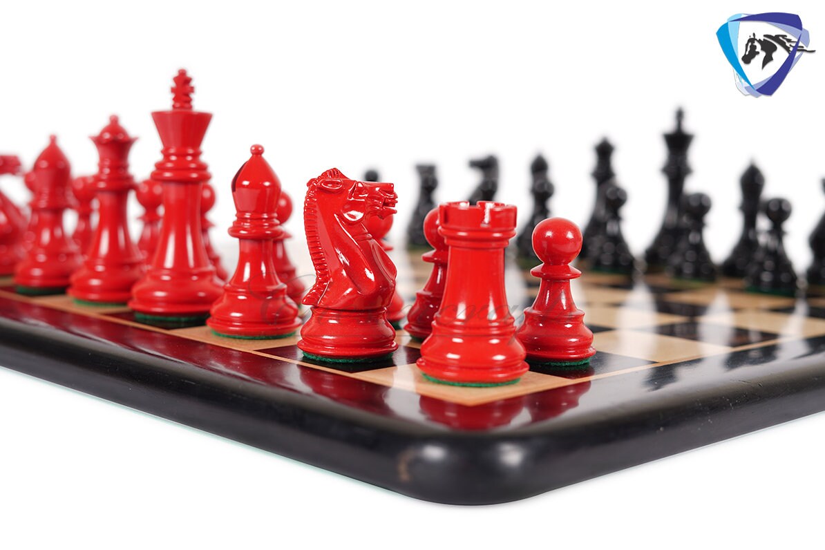4.1" Wooden Staunton chess set in Red & Black Painted Boxwood Specially weighted - Extra Queens +19" Ebonywood chess board (51MM SQ)