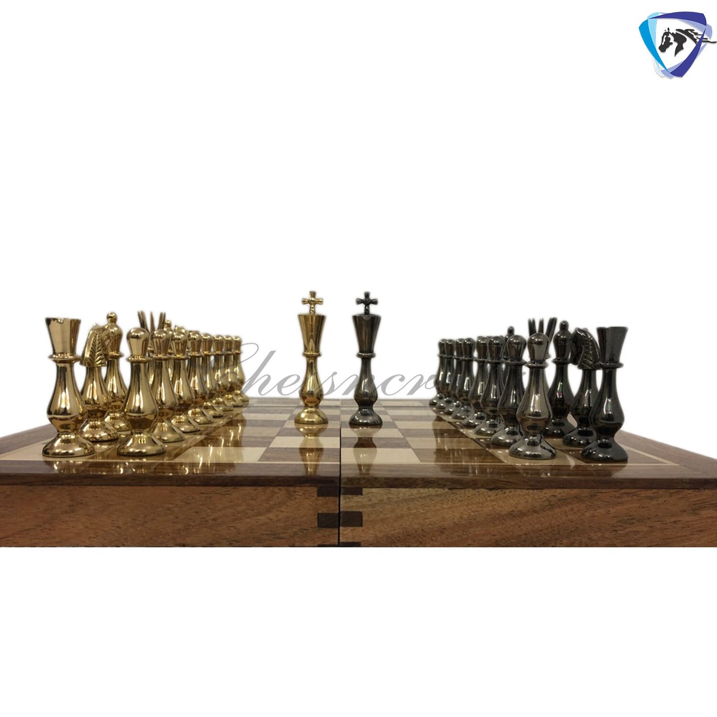 Brass Metal chess set with wooden chess board folding with storage- King 3.5" classical design gold & black glossy pieces.