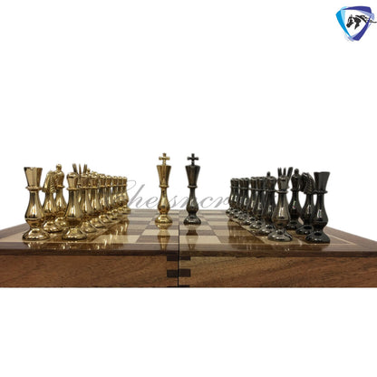 Brass Metal chess set with wooden chess board folding with storage- King 3.5" classical design gold & black glossy pieces.