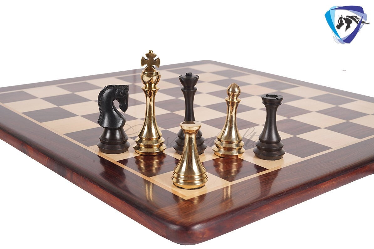 4.4" Brass Russian Zagreb (Leningrad) chess pieces set Antique & GOLD polish / 19" Rosewood(Dark Grain) Chess board Combo- Gift For Him