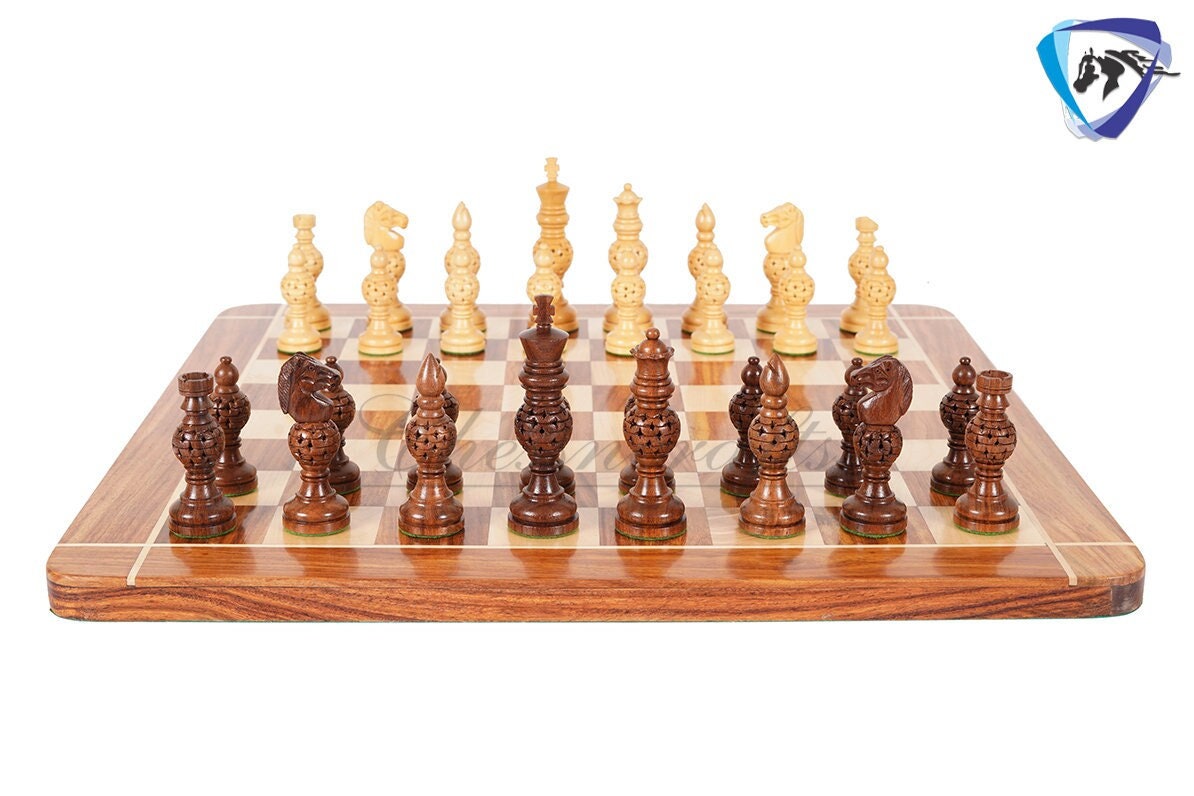 5" wooden Chess pieces Set INDIAN ARTISTIC Golden rosewood- MESH ball designing.