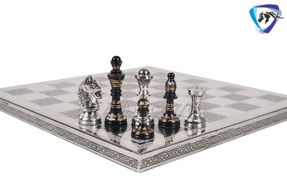12" Brass Chess Board  set- & Staunton Hand carved chess men with hand carved chess board in velvet storage box
