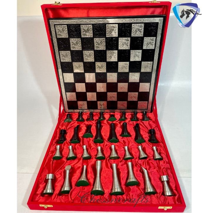 14" Brass Chess Board set- BLACK SILVER Slim Rings chess men Carved with velvet storage box - Luxury Brass Chess board set Gift for him