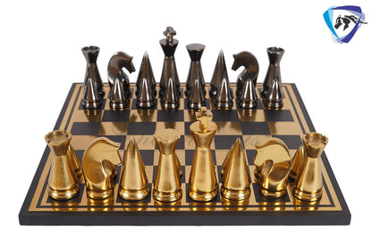 14" ART DECO Metal Chess Board Set designer King 4" Chess pieces with Chess board Modern Home Decor, Chess Gift-Leather Box