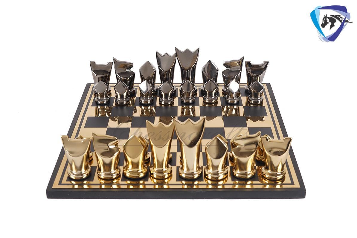 14" Metal chess Board Set Black & Gold EGYPTION GOLD FLOWER Unique design Chess gifting-Luxury Metal chess set