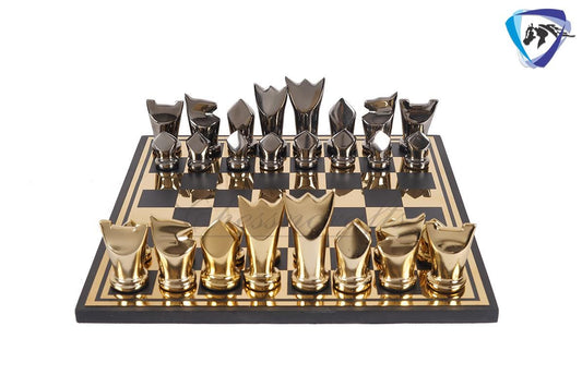 14" Metal chess Board Set Black & Gold EGYPTION GOLD FLOWER Unique design Chess gifting-Luxury Metal chess set