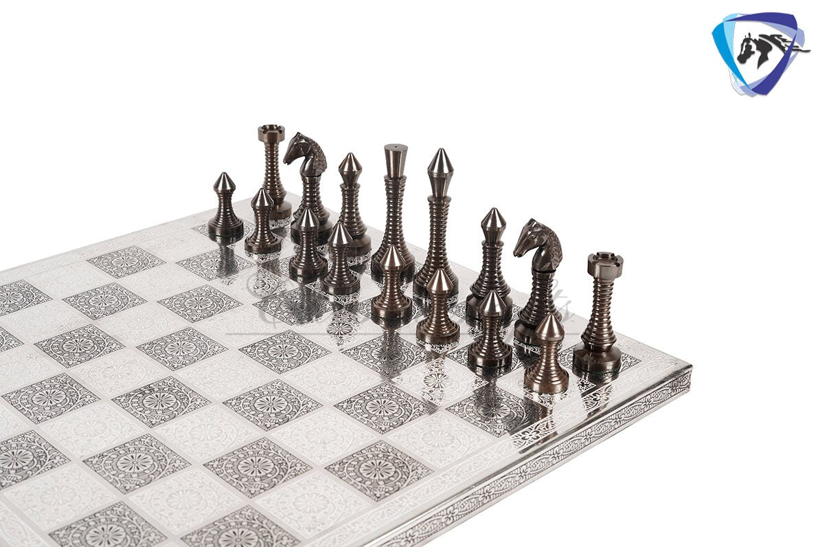 14" Solid Brass Metal CLASSICAL MEENAKARI Hand carved Chess set- Slim chess men Carving with velvet storage box - Brass chess board set
