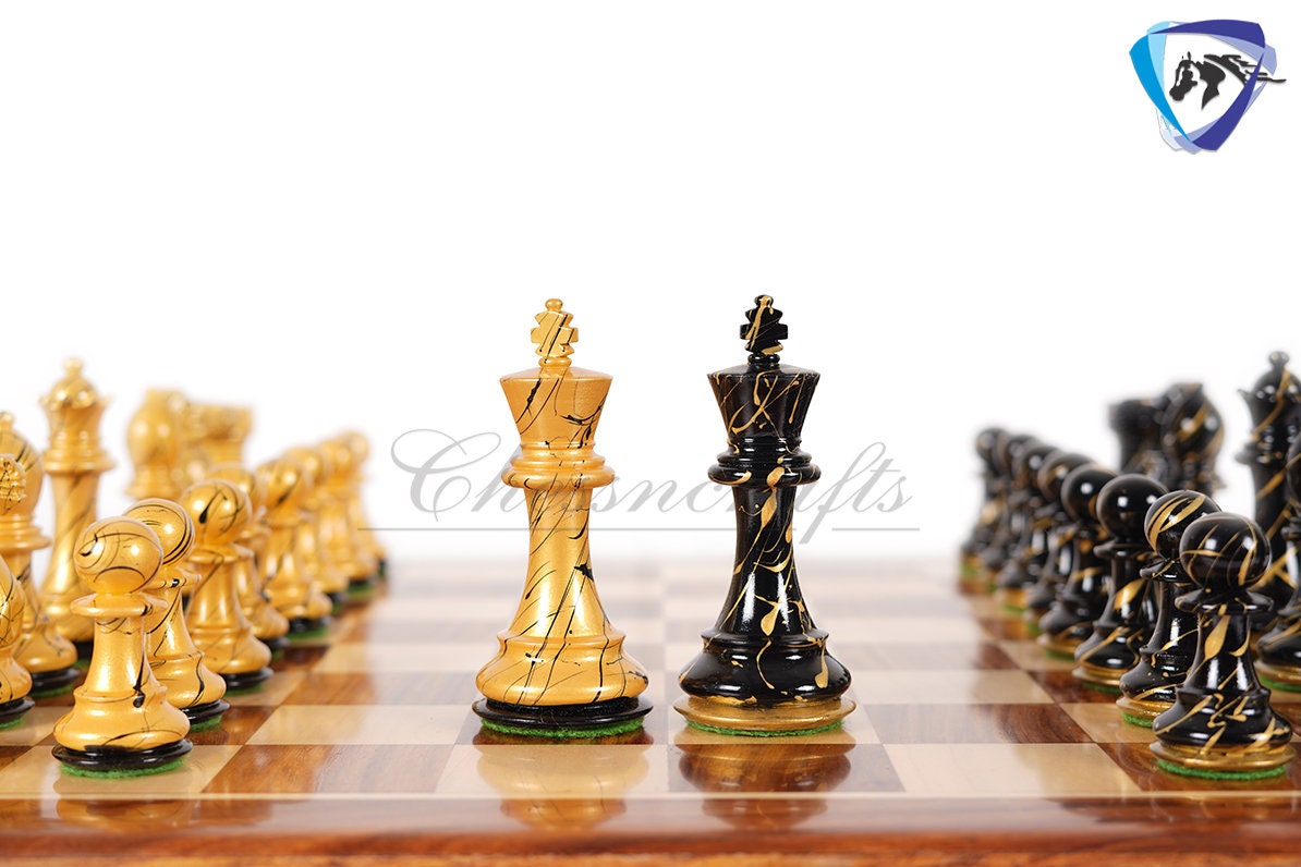 4" Wooden Staunton Chess set - STREET ART Painted chess pieces Black & Gold Weighted- extra queens + 19" Golden rosewood Chess Board COMBO