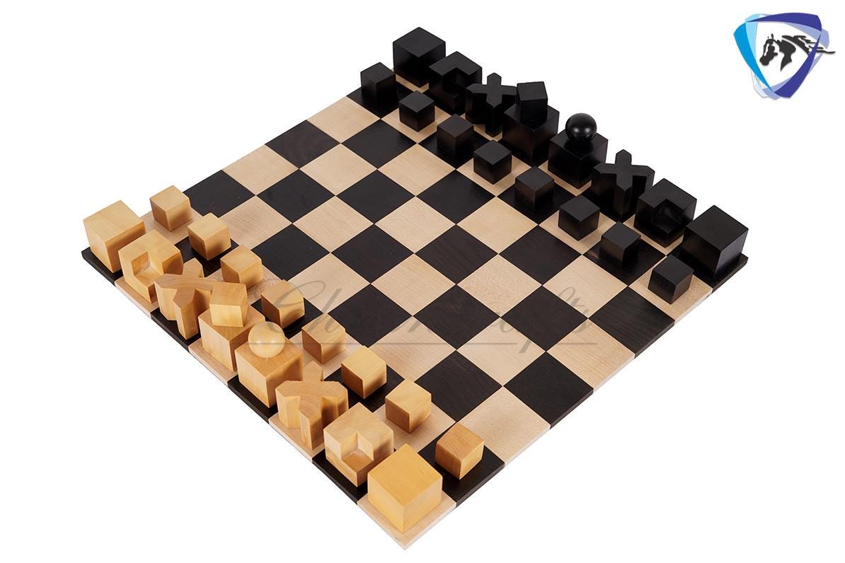 1923 Bauhaus Chess pieces set in Ebonized Boxwood King: 2" vintage chess pieces set + 12" Ebony wood Foldable Roll up chess board set Combo