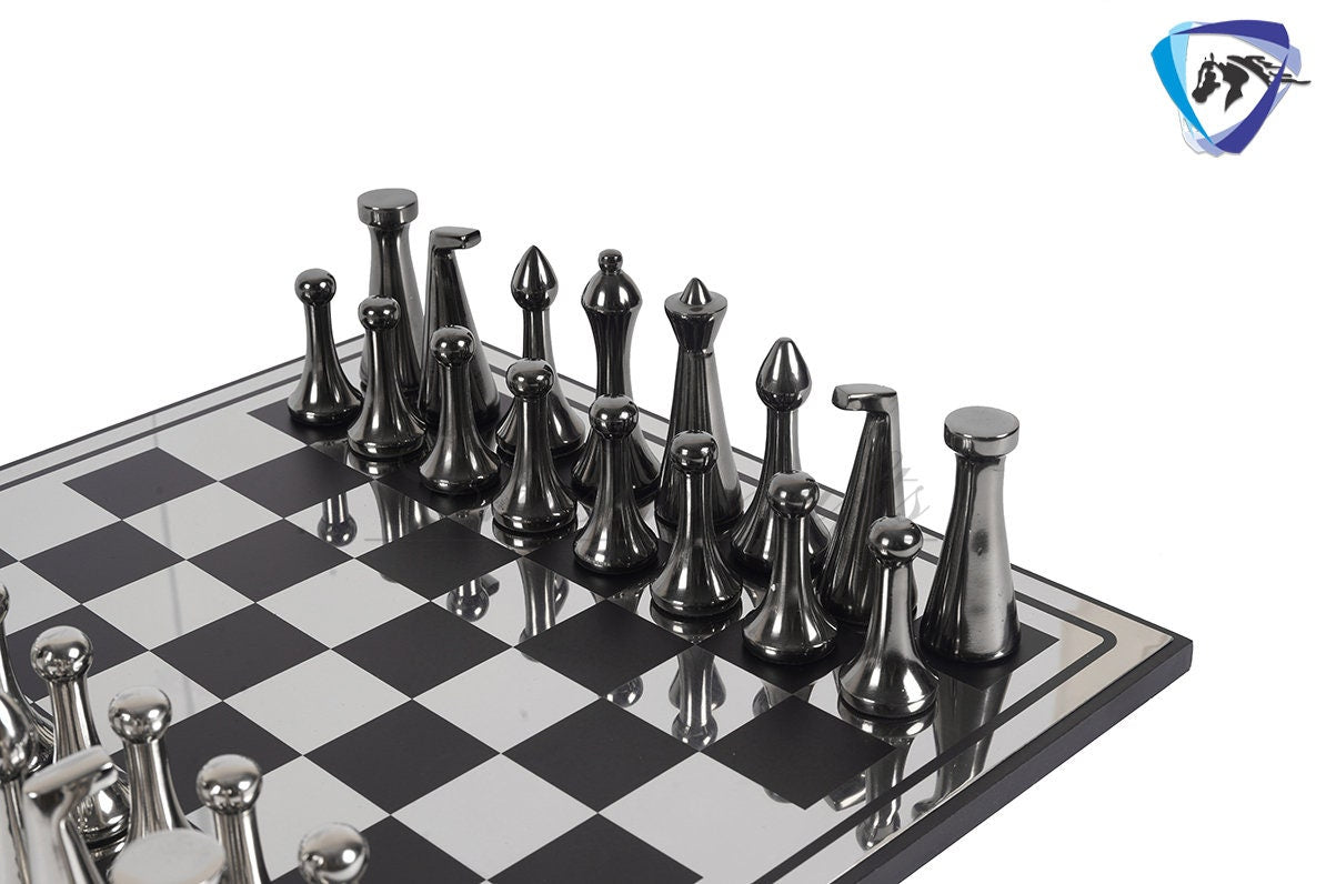 16" Metal chess Board set Reproduced Hermann Ohme Metal chess Set Unique modern design Black-silver Glossy Polish MODERN HOME DECOR Chess