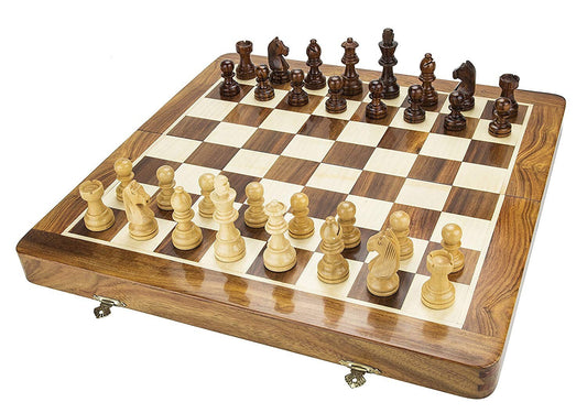 16" Folding Wooden Magnetic Travel chess board game set with Staunton chess pieces Sheeshamwood /Golden Rosewood