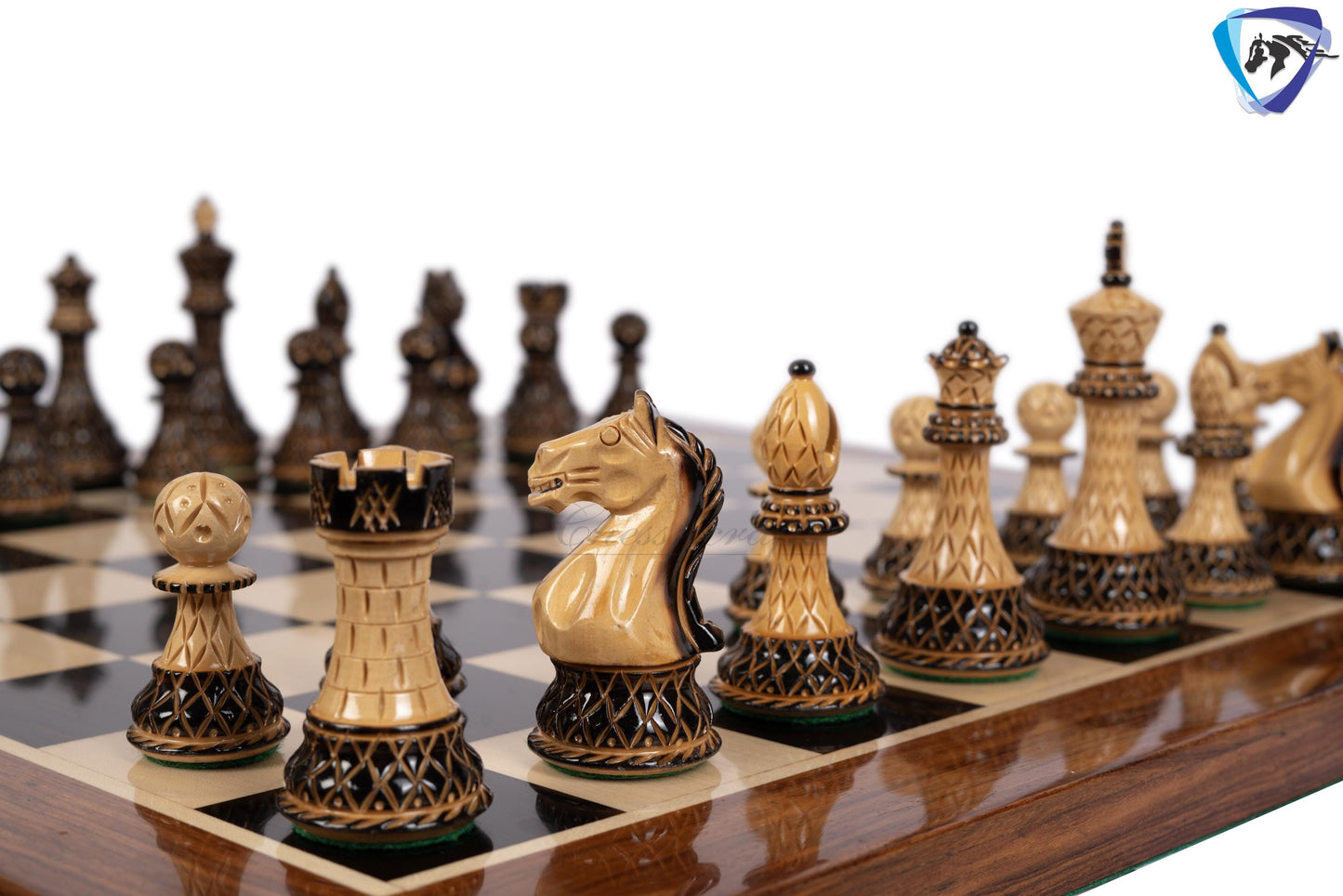 4" Fierce Knight Staunton Chess pieces Set in Burnt Boxwood with carving + 21" Ebony wood Chess Board + Leather Storage Box COMBO