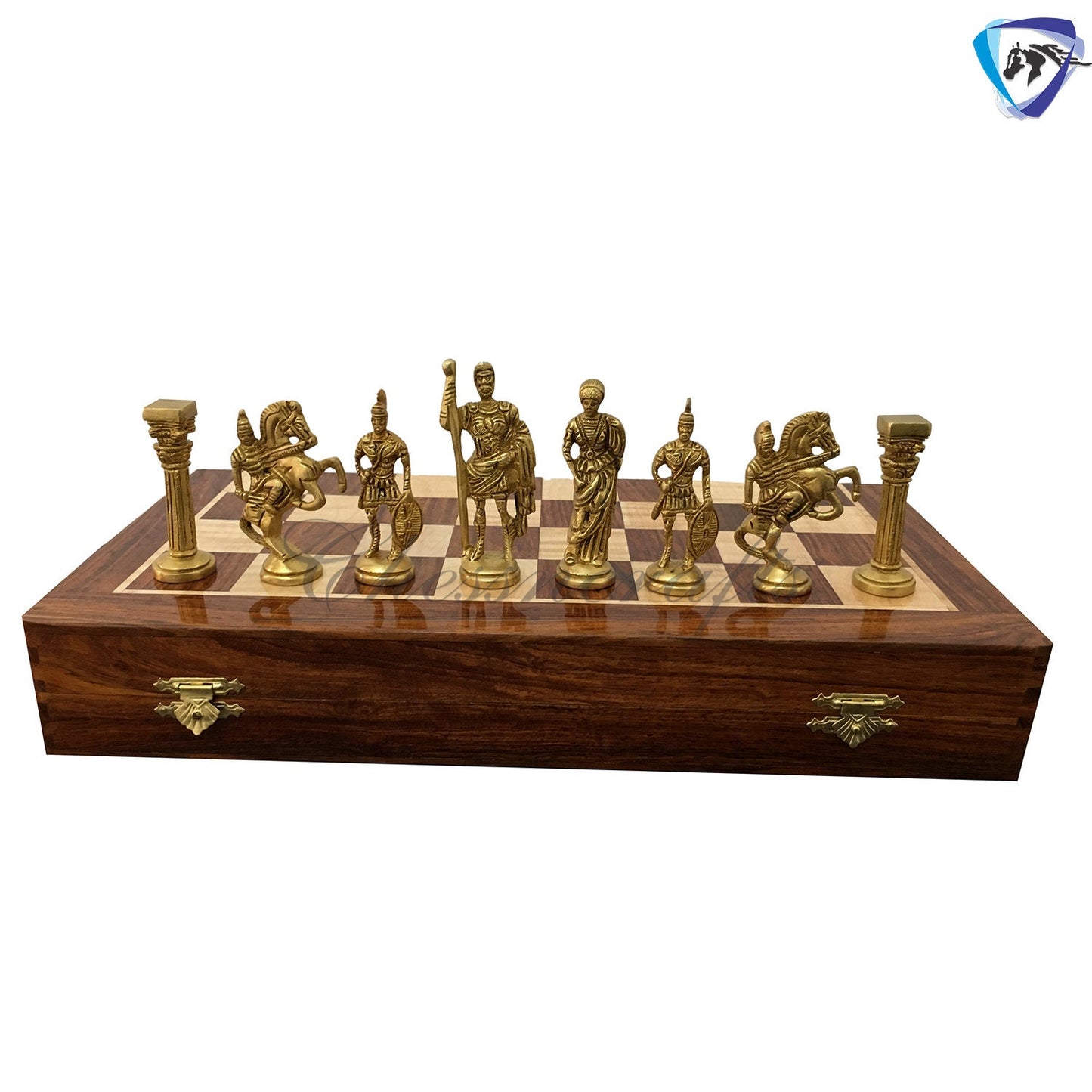 Folding Brass Roman chess figures & rosewood chess board set with storage of chess men.