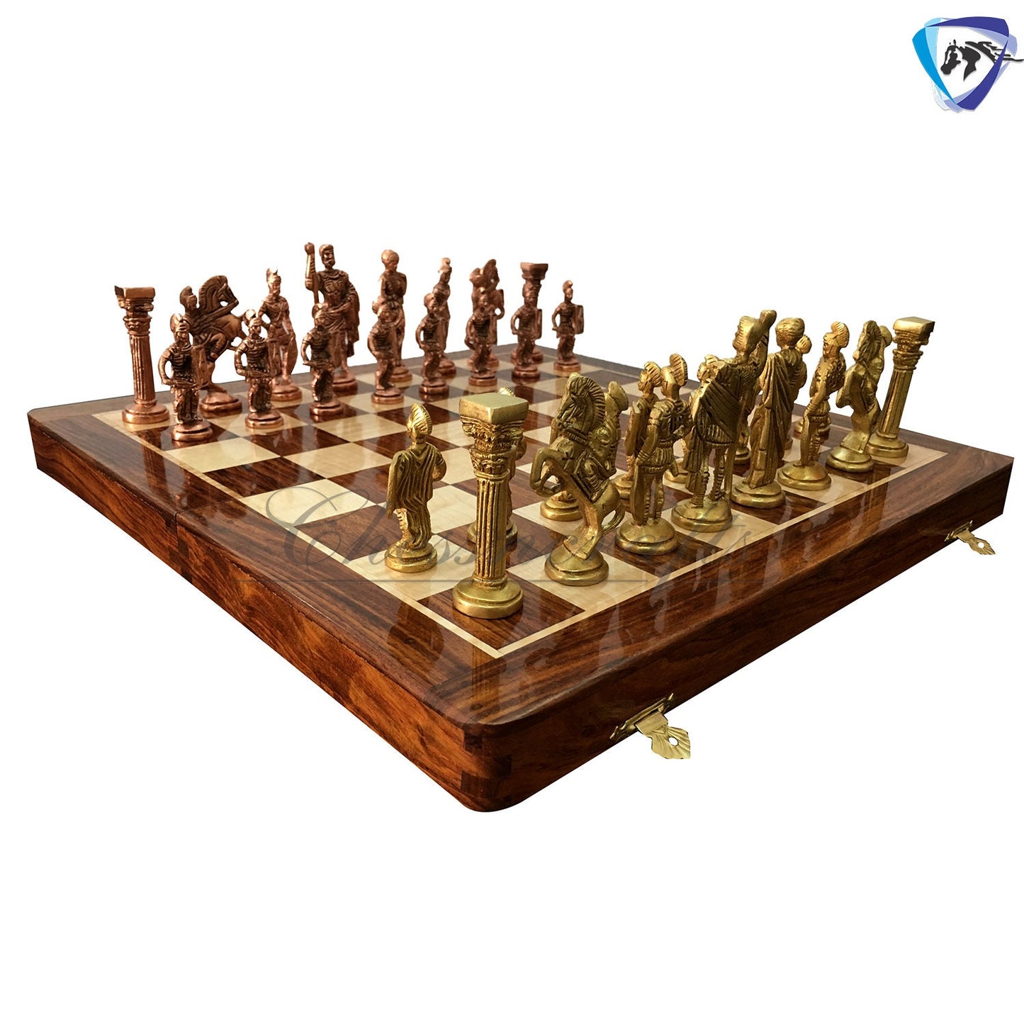 Folding Brass Roman chess figures & rosewood chess board set with storage of chess men.