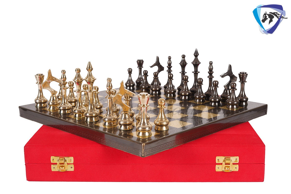 14" Brass Metal Chess Board set Modern Classic Handmade Soviet chess pieces with storage box - Vintage Chess for Gifting