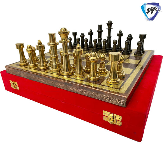 14" Brass Chess set- THE BULLET SERIES chess men Carved with velvet storage box - Vintage antique set- Brass Chess board set | Gift for him.