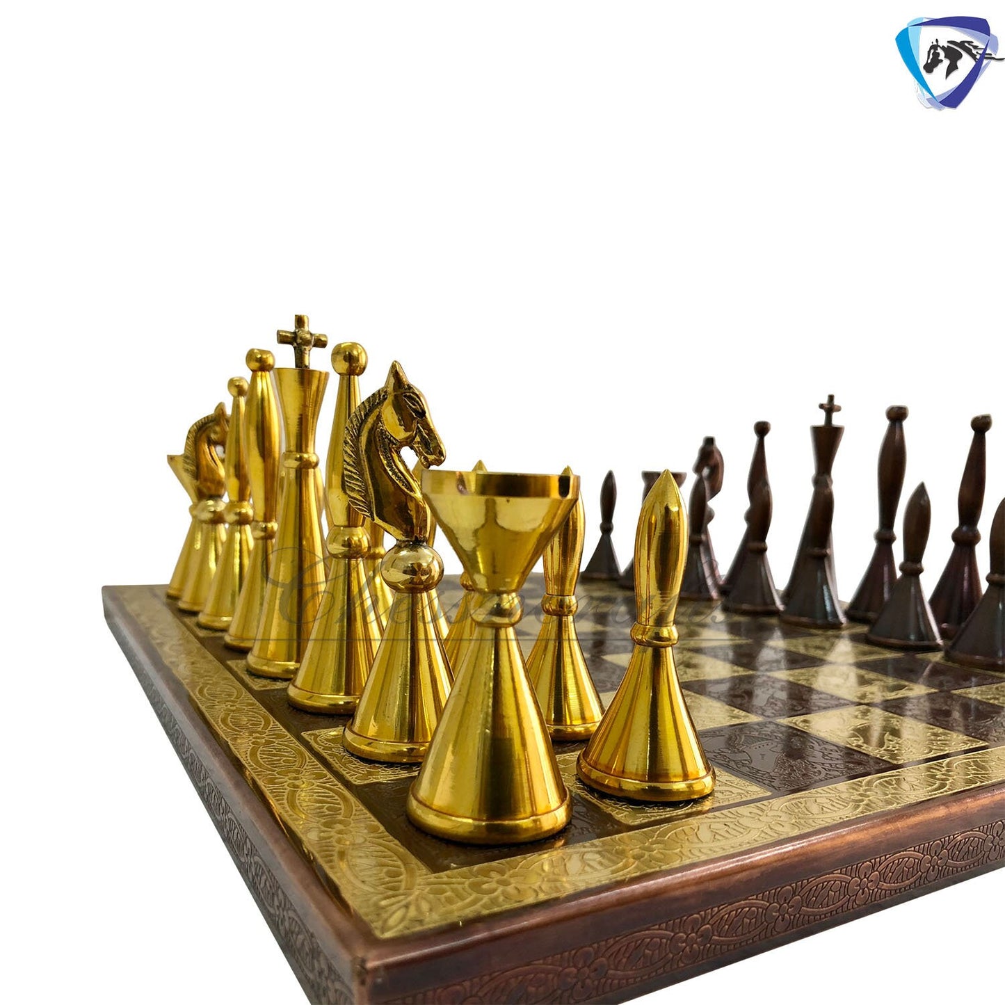 12" Brass Chess Board set- ART DECO TOWER Chess men with Hand Carved chess board + velvet storage box - Gift for Him- Chess Gift