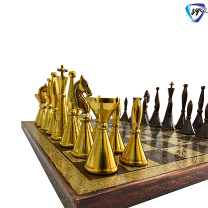 12" Brass Chess Board set- ART DECO TOWER Chess men with Hand Carved chess board + velvet storage box - Gift for Him- Chess Gift