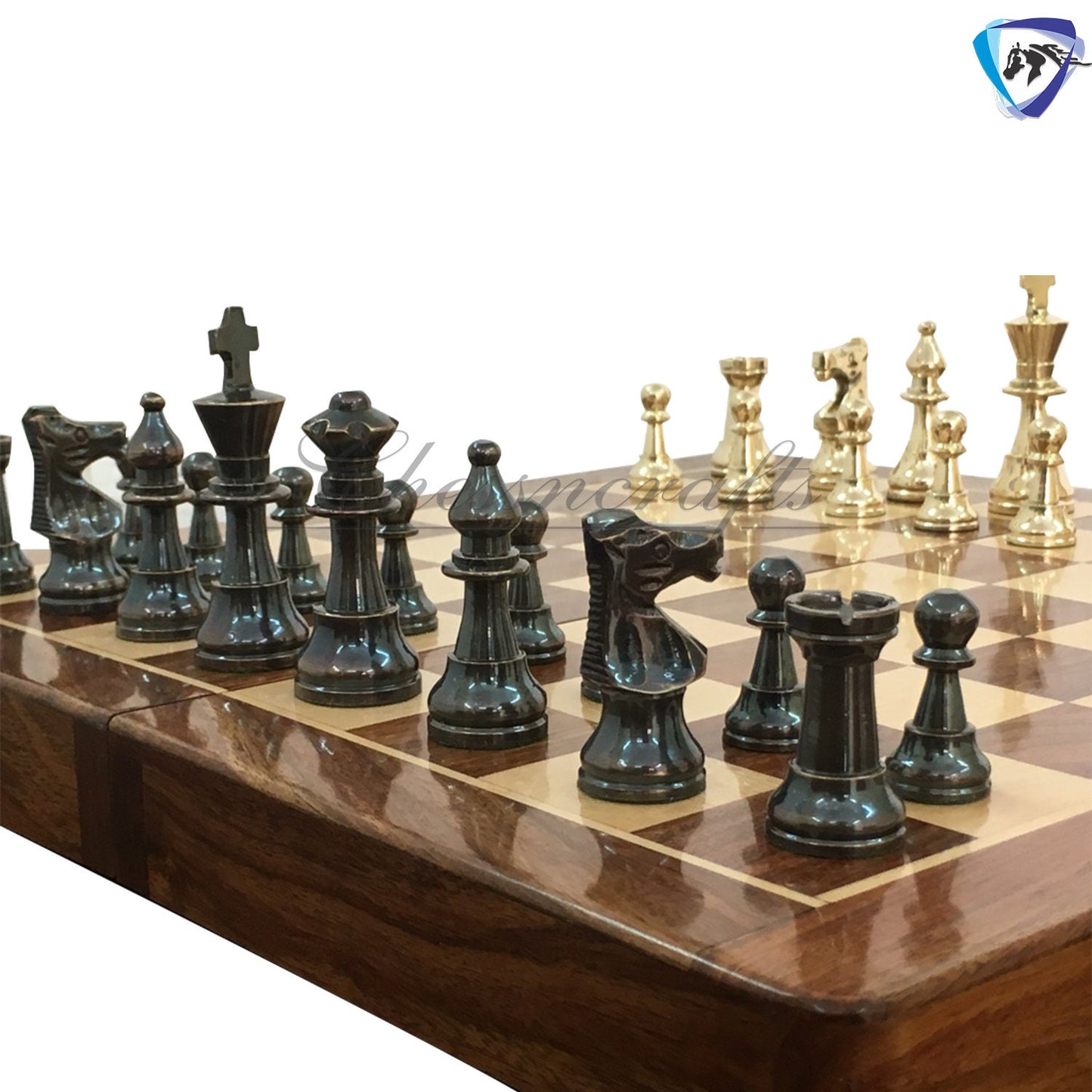Staunton Brass Chess Pieces Set and 14" Folding Rosewood chess board with storage. Metal chess set handmade Chess for Gift, Birthday gift.