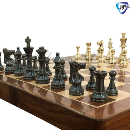 Staunton Brass Chess Pieces Set and 14" Folding Rosewood chess board with storage. Metal chess set handmade Chess for Gift, Birthday gift.