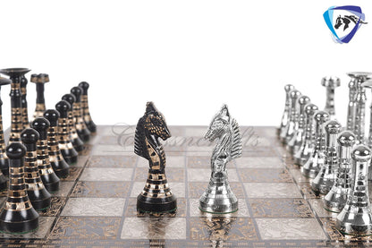 14" Solid Brass Metal Classic HUNGARIAN Hand carved Chess set- Slim chess men Carving with velvet storage box - Brass chess board set