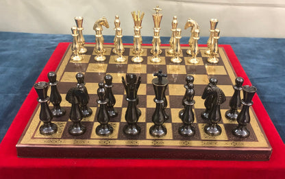 14" Brass Metal Chess Set with Brass chess Board and velvet storage box King 3.5" classical design gold & black glossy pieces.
