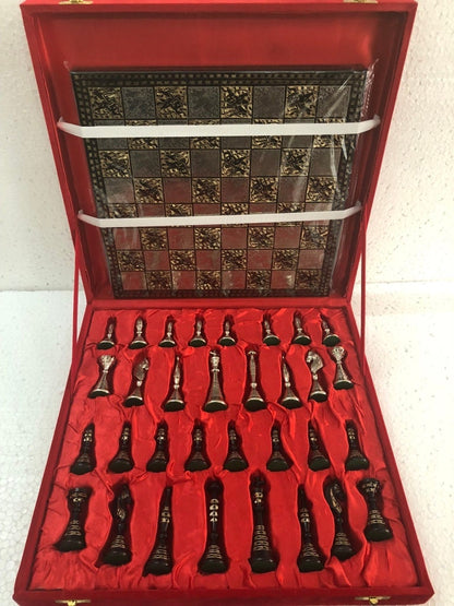 12" Brass Chess Board set- ART DECO TOWER Chess men with Hand Carved chess board + velvet storage box - Gift for Him- Chess Gift