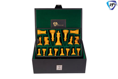 1849 Staunton Chess Pieces Set in Antiqued Boxwood & Ebony wood- 4.5" King + 21" Ebony look chess board(sq 55mm) + Leather Storage box