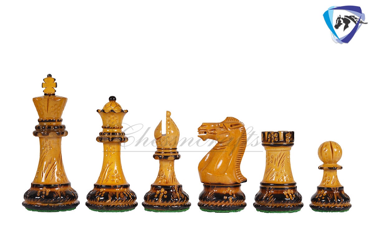 Wooden Staunton Chess set Burnt with Hand Carving King 4" broad base, Weighted & 2 extra Queens