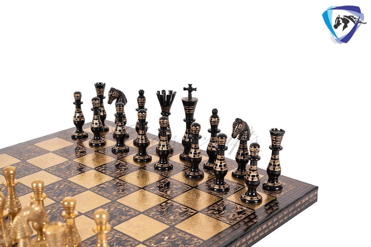 14" Solid Brass Metal Classical Hand carved Chess set- Soviet chess pieces in velvet storage box - Vintage Antique Chess -GOLD BLACK