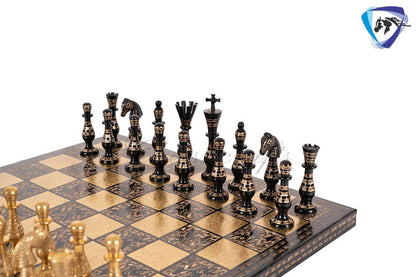 14" Solid Brass Metal Classical Hand carved Chess set- Soviet chess pieces in velvet storage box - Vintage Antique Chess -GOLD BLACK