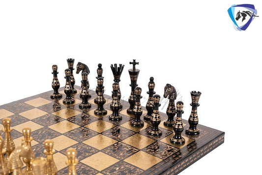 14" Solid Brass Metal Classical Hand carved Chess set- Soviet chess pieces in velvet storage box - Vintage Antique Chess -GOLD BLACK