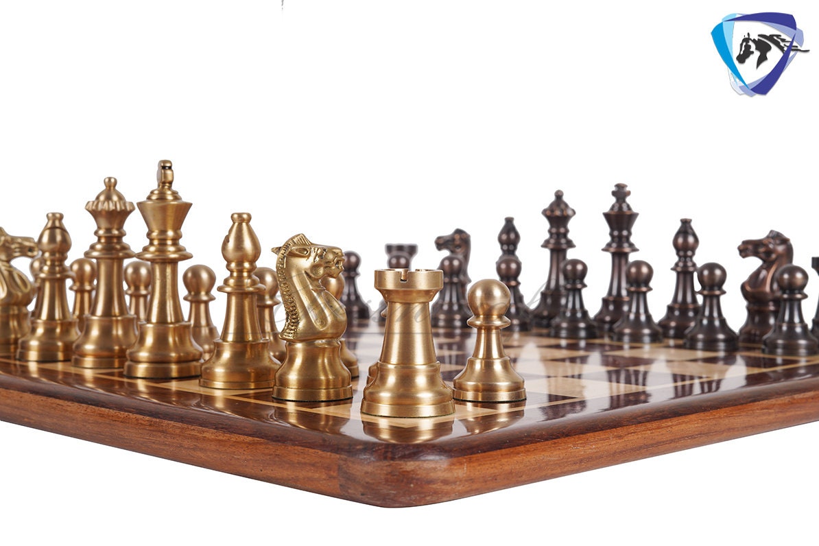 1849 Reproduced Staunton chess pieces set in Brass Metal Antique & Gold polish King: 3.4" + 16" Golden rosewood Chess Board + Storage Box