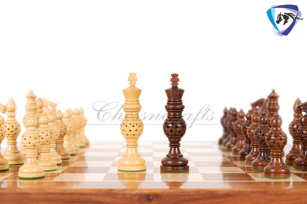 5" wooden Chess pieces Set INDIAN ARTISTIC Golden rosewood- MESH ball designing.
