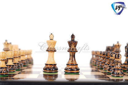 4" Russian Zagreb Chess Pieces set Burnt with Hand Carving broad base, Weighted - 2 extra Queens+19"Ebonywood chess board + Storage Box.