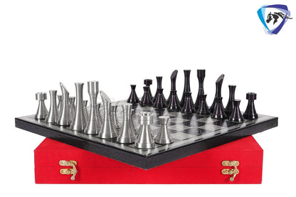 14" Brass Chess Board set- BLACK SILVER Slim Rings chess men Carved with velvet storage box - Luxury Brass Chess board set Gift for him