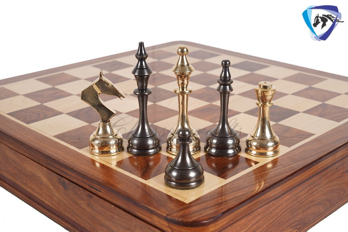 16" Brass Chess Board Set MODERN CLASSIC Chess Pieces Black-gold and Rosewood  Chess board with Storage drawer- Chess Gift- Gift for Him