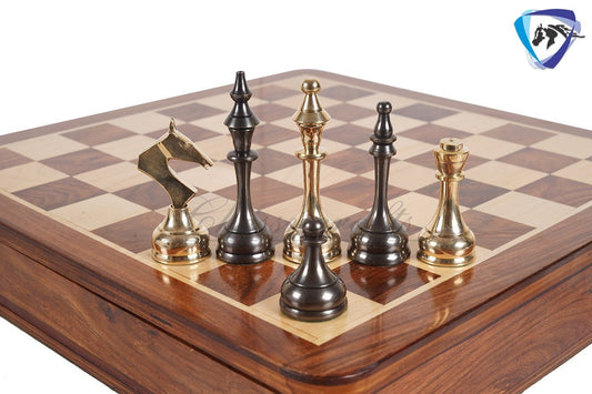16" Brass Chess Board Set MODERN CLASSIC Chess Pieces Black-gold and Rosewood  Chess board with Storage drawer- Chess Gift- Gift for Him