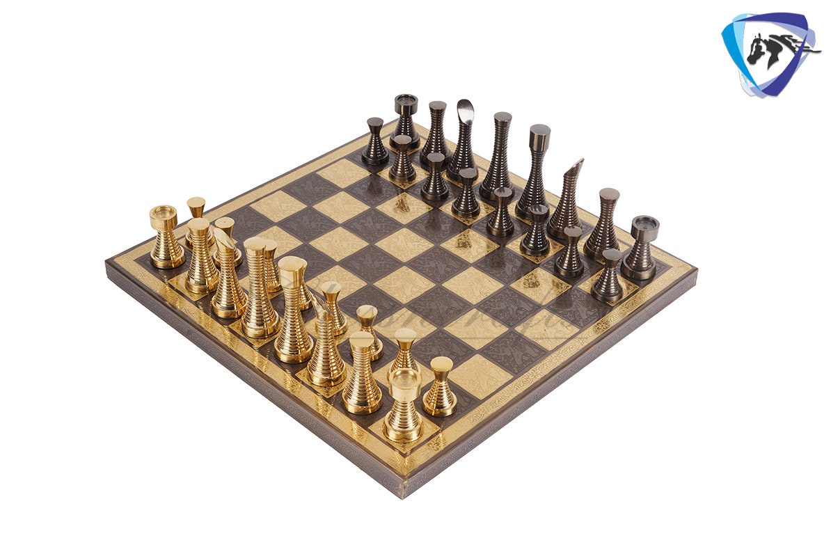 14" Solid Brass Metal Chess set- Slim Rings chess men Carved with velvet storage box - Vintage Collector antique set- Brass Chess board set.