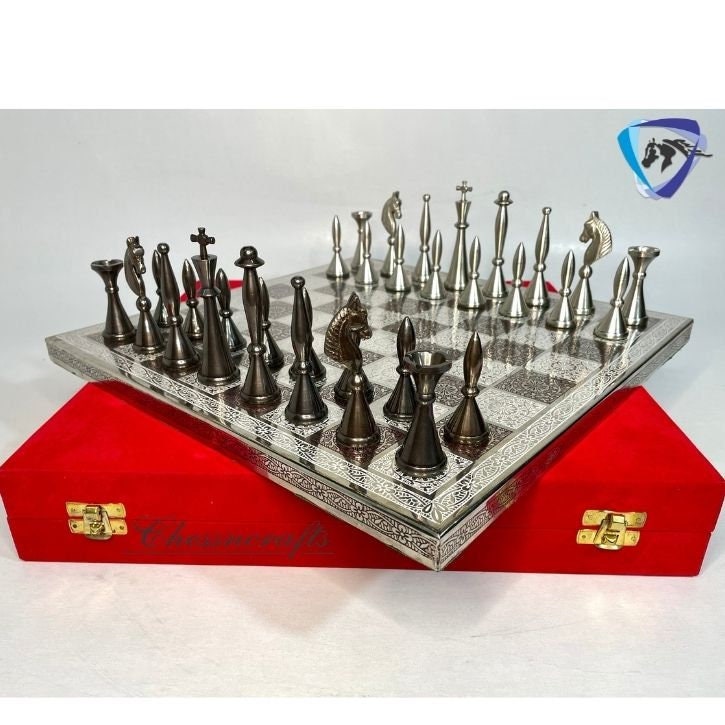 14" Brass Chess Board set ART DECO Chess Pieces - MEENAKARI chess board Hand carved in velvet storage box - Brass chess board set-Chess Gift