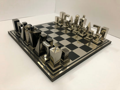 14" Metal chess Board Set- BAUHAUS INSPIRED Unique design-Black & Silver/Gold Metal Chess pieces-Chess gift- Luxury Metal chess Set