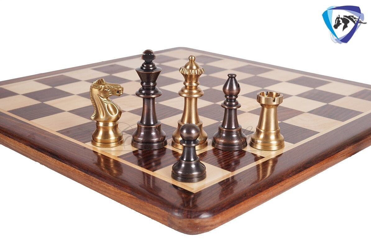 1849 Reproduced Staunton chess pieces set in Brass Metal Antique & Gold polish King: 3.4" + 16" Golden rosewood Chess Board + Storage Box