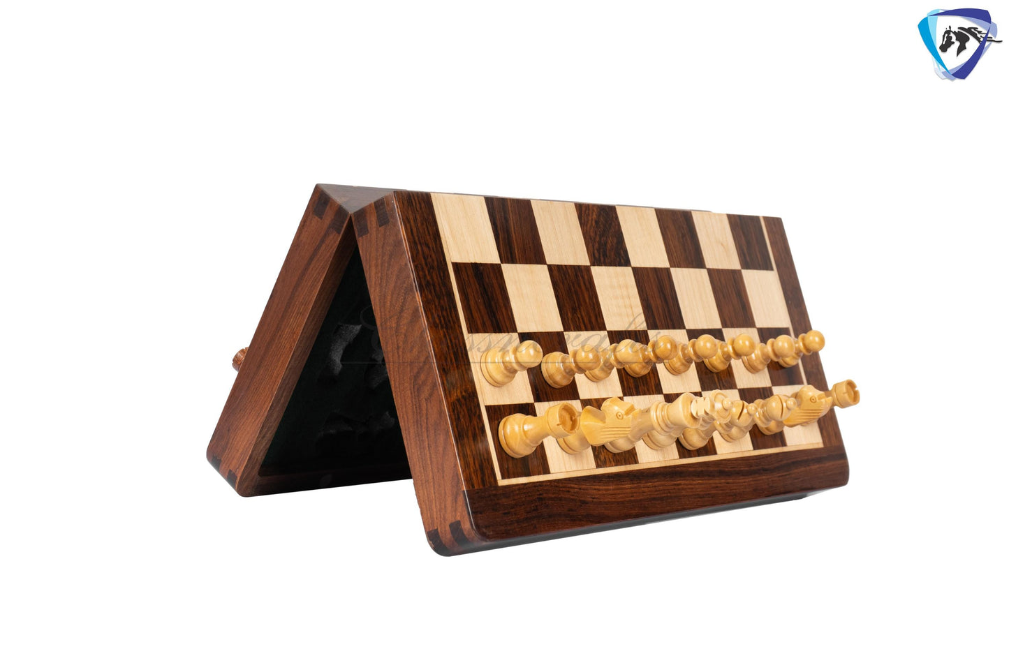 12" Foldable wooden chess board set - Magnetic chess pieces with extra queens - Rosewood Handmade travel chess with storage + Leather cover