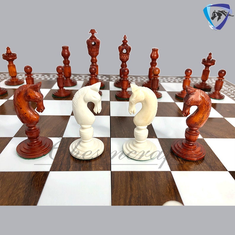 Combo Luxury Camel Bone Chess pieces Set ANTIQUE- White & 18" INLAY Art work Wooden folding chess board set.